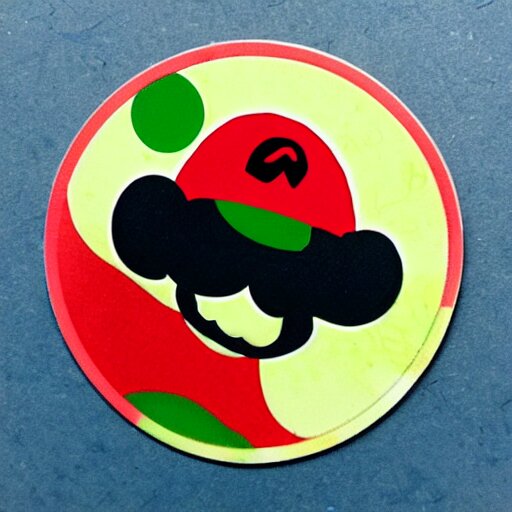 die cut sticker, yoshi wearing mario's mustache, splatter paint 