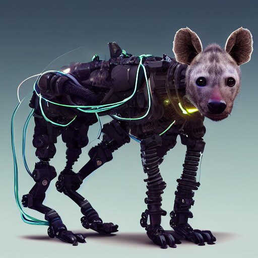 pet robot hyena, cyborg with exposed wires and metal, lights, camera lenses for eyes, realistic high quality concept art 