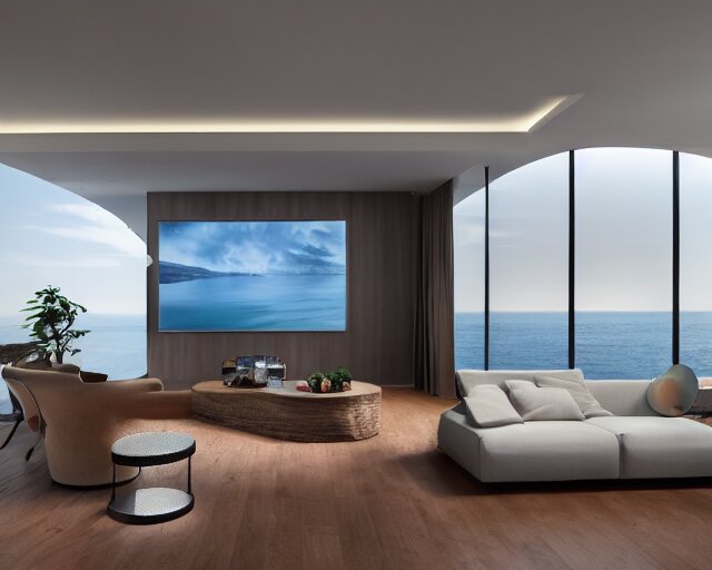 A modern living room inspired by the ocean, a luxurious wooden coffee table with large seashells on top in the center, amazing detail, 8k resolution, calm, relaxed style, harmony, wide angle shot