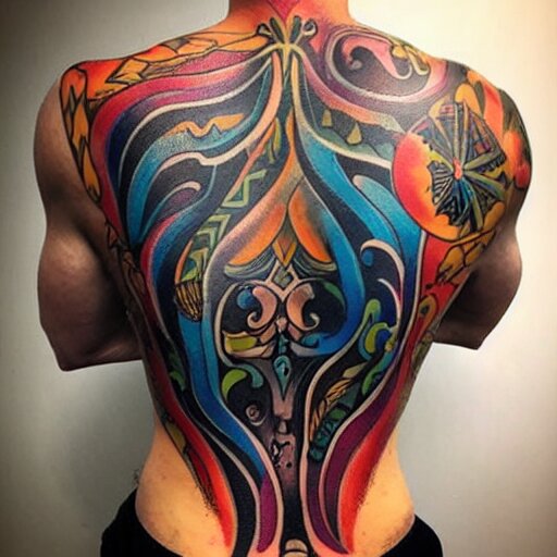 a picture of my new back tattoo of a muscular back, bright colorful ink 