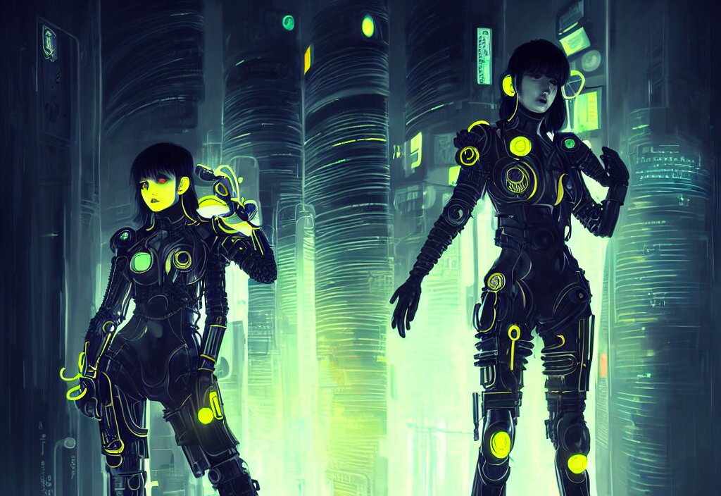 futuristic armor dark grey hair ploice girl, metallic black and yellow color wardrobe, in cyberpunk lights shibuya japan reflected night, ssci - fi, neon light and fantasy, intricate and beautiful, highly detailed, concept art, smooth and sharp focus, illustration, art by tian zi and wlop and alphonse mucha 