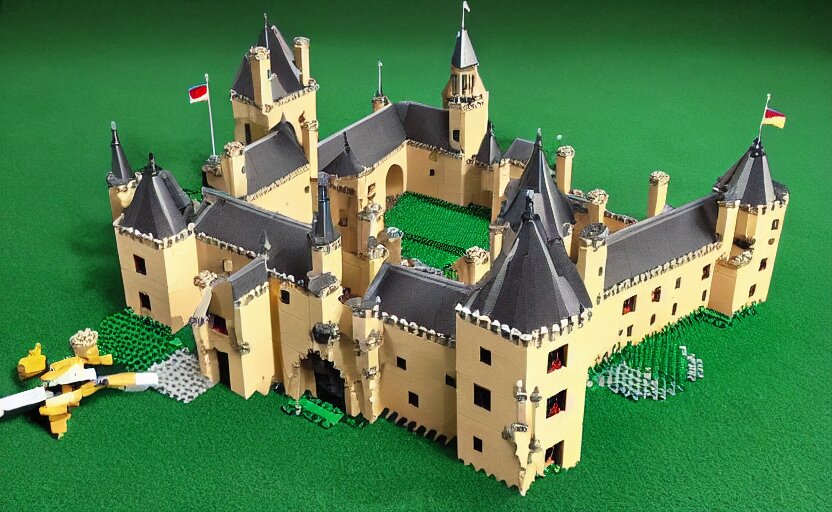 a realistic detailed accurate Lego set of a medieval French castle on a forested green hill