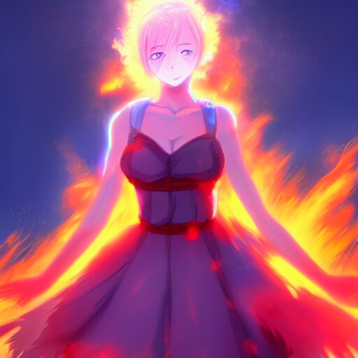 advanced digital anime art, a very cute gorgeous teenage girl made of fire and ice with red fiery watery eyes glancing over her left shoulder wearing a dress made of water is standing in an apocalyptic burning city, full body, full round face, dramatic cinematic lighting, highly intricately detailed, trending on pixiv, Artstation, painted by Rossdraws and the style of Sakimimichan