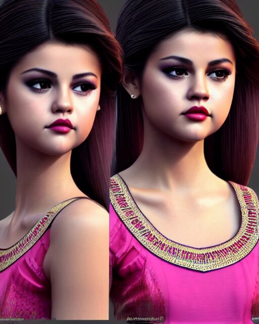 a beautiful selena gomez wearing modern stylish costume in the style of Assamese bihu mekhela sador gamosa design, commercial fashion design art by Chie Yoshii, face by artgerm and daz3d genesis iray, cinematic lighting, medium shot, mid-shot, slim female figure ramp walk model pose, highly detailed, trending on Artstation, Unreal Engine 4k, cinema 4d multi-pass ray traced, 8k fabric texture details, octane render, diffused natural skin glow