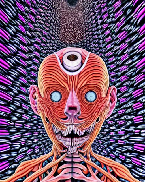 Human Body breaking away, Conjuring Psychedelic Illustration, part by Shintaro Kago, part by Alex Gray, ultra realistic, highly detailed, 8k, symmetry, grotesque, vibrant,