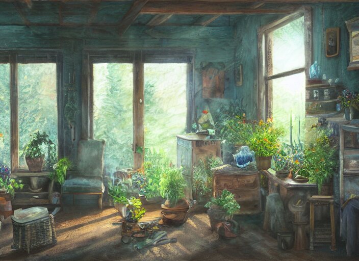 rustic oil painting, interior view of a cluttered herbalist cottage, waxy candles, wood furnishings, herbs hanging, light bloom, dust, ambient occlusion, rays of light coming through windows, oil painting