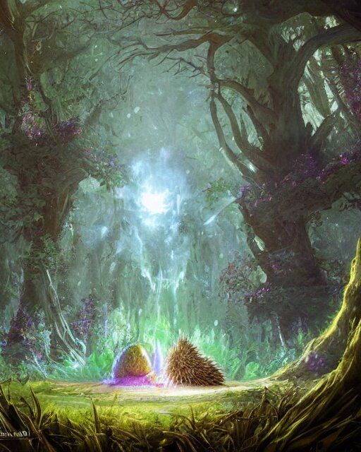 Hedgehog magus, gaia, nature, fairy, forest background, magic the gathering artwork, D&D, fantasy, cinematic lighting, centered, symmetrical, highly detailed, digital painting, artstation, concept art, smooth, sharp focus, illustration, volumetric lighting, epic Composition, 8k, art by Akihiko Yoshida and Greg Rutkowski and Craig Mullins, oil painting, cgsociety