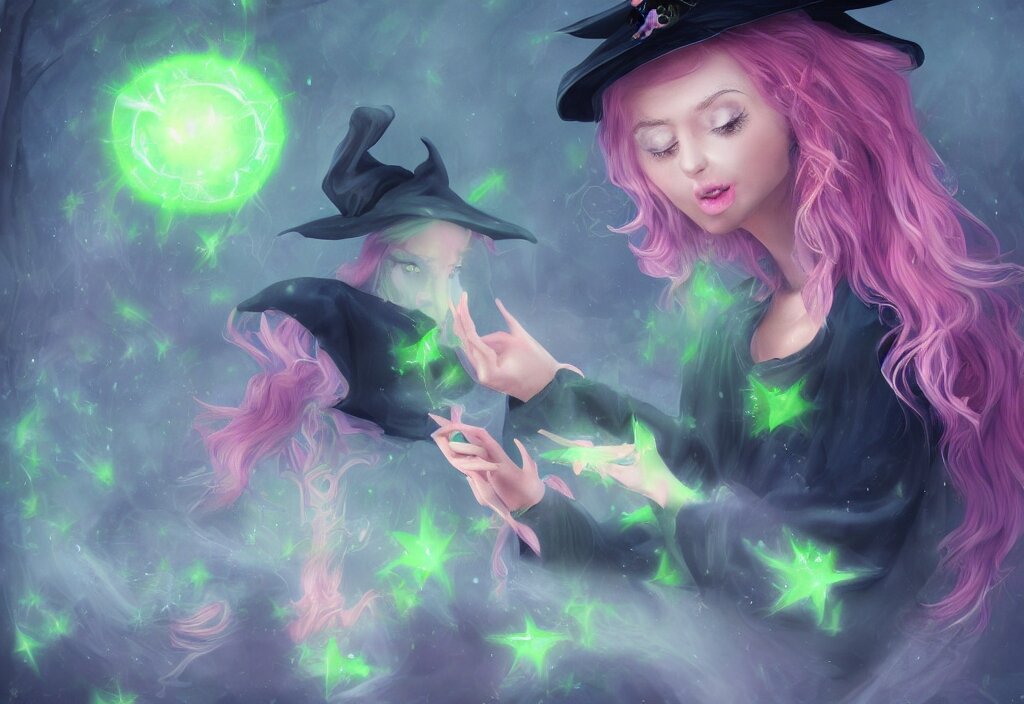 beautuful witch with light pink hair, a dark blue hat and dark blue robes brewing a bright green potion, digital art, trending on artstation, award-winning photograph