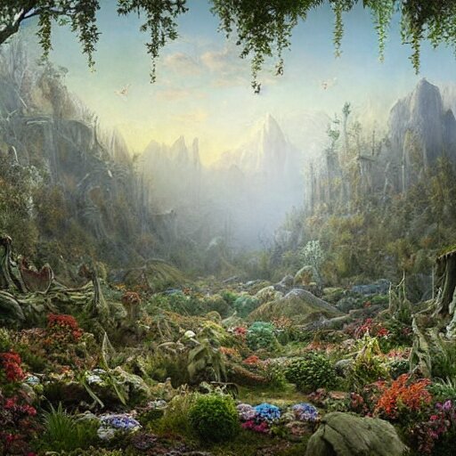 a beautiful and highly detailed matte painting of a dead fantasy floral garden in a empty forest in the dry valley high in the most epic mountains ever, intricate details, epic scale, insanely complex, 8 k, sharp focus, hyperrealism, very realistic, by caspar friedrich, greg rutowski, james gurney 