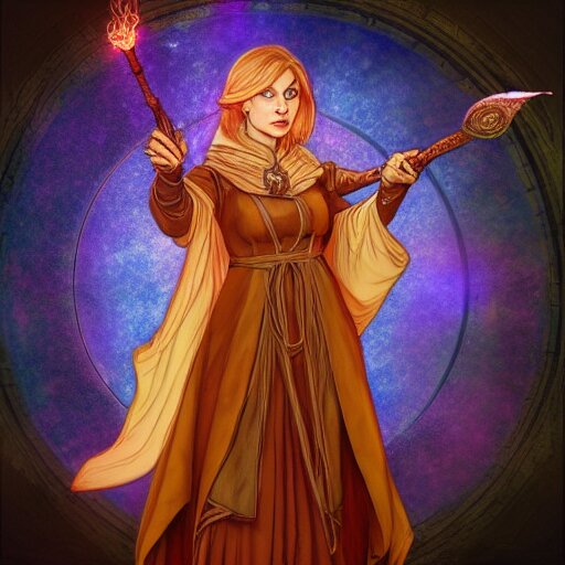 female mage is casting a magic spell, fantasy, D&D, HDR, digital art , award winning photograph, 8k, Mucha style,