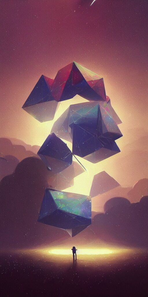 greg rutkowski, beeple, a painting by ralph mcquarrie of floating molecules and icosahedron with stars, clouds, and rainbows in the background, trending on artstation, masterpiece, incredible details 