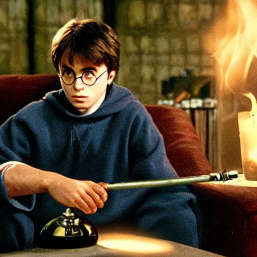 harry potter smoking a bong while sitting on a couch with a lava lamp next to him 