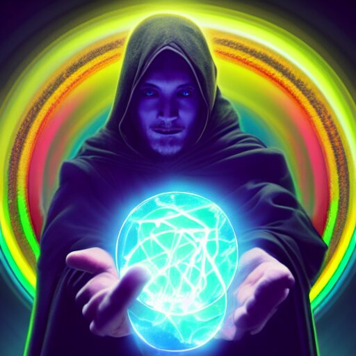 a warlock is casting a magic spell, while magic orb is floating in his hand, the magic orb emit a rainbow vapour, dynamic pose, chromatic aberration , medium level shot, Mucha style , Grim fantasy, illustration ,concept art,