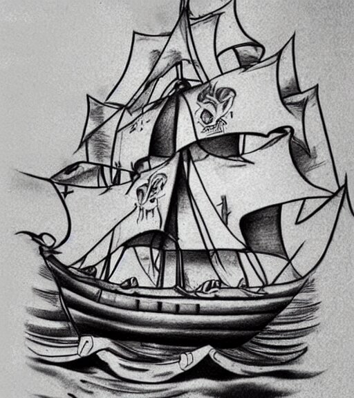 A realistic tattoo design sketch of a pirate ship, paper backgro ...