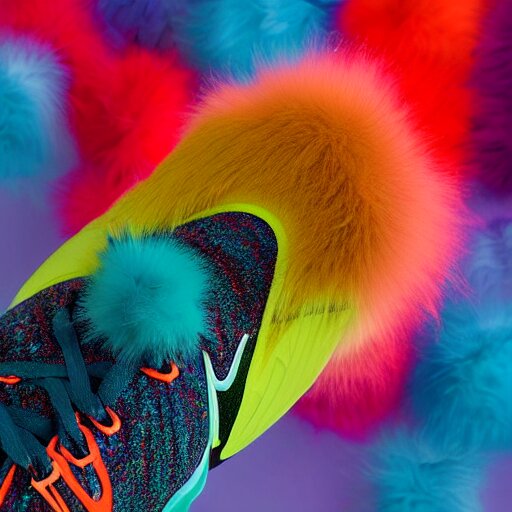 poster nike shoe made of very fluffy colorful faux fur placed on reflective surface, professional advertising, overhead lighting, heavy detail, realistic by nate vanhook, mark miner 