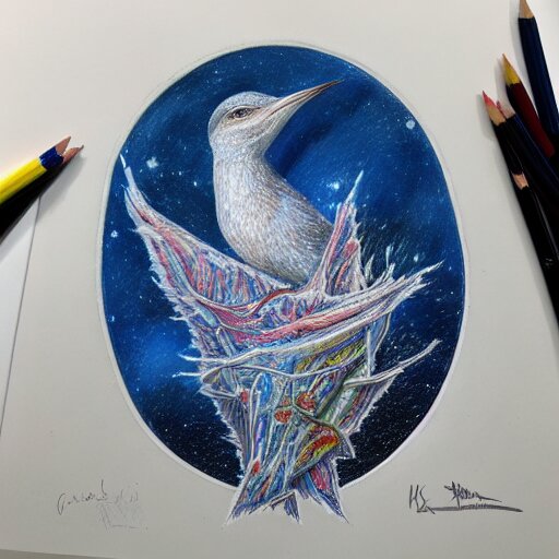  Colored pencil art on paper, Frost Spirit Bird, highly detailed, artstation, MasterPiece, Award-Winning, Caran d'Ache Luminance