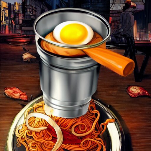 art anime food in a flask with a cork inside a glass cone, spicy, noodles, cyberpunk, egg, paprika, potatoes, meat, cooked, hot sauce 