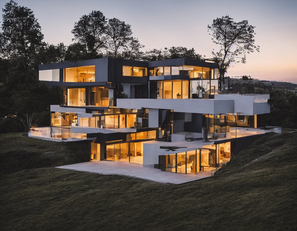 house on a hill, modern architecture, house concept, sunset, morning, stary sky, rtx lighting, cloudy sky 