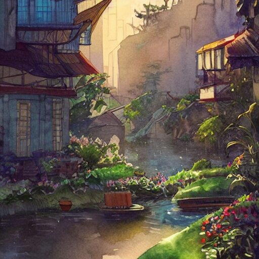 Beautiful happy picturesque charming sci-fi town in harmony with nature. Beautiful light. Water and plants. Nice colour scheme, soft warm colour. Beautiful detailed artistic watercolor by Vincent. (2022)