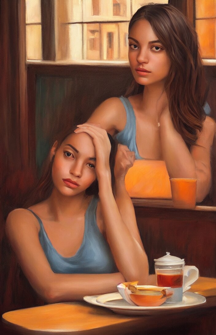 a portrait of a beautiful girl sitting in a cafe, cuban setting, warm colors, soft lighting, atmospheric, cinematic, moody, in the style of diego koi, gina heyer, luiz escanuela, art by alyssa monk, hyperrealism, rule of thirds, oil on canvas, 8 k 