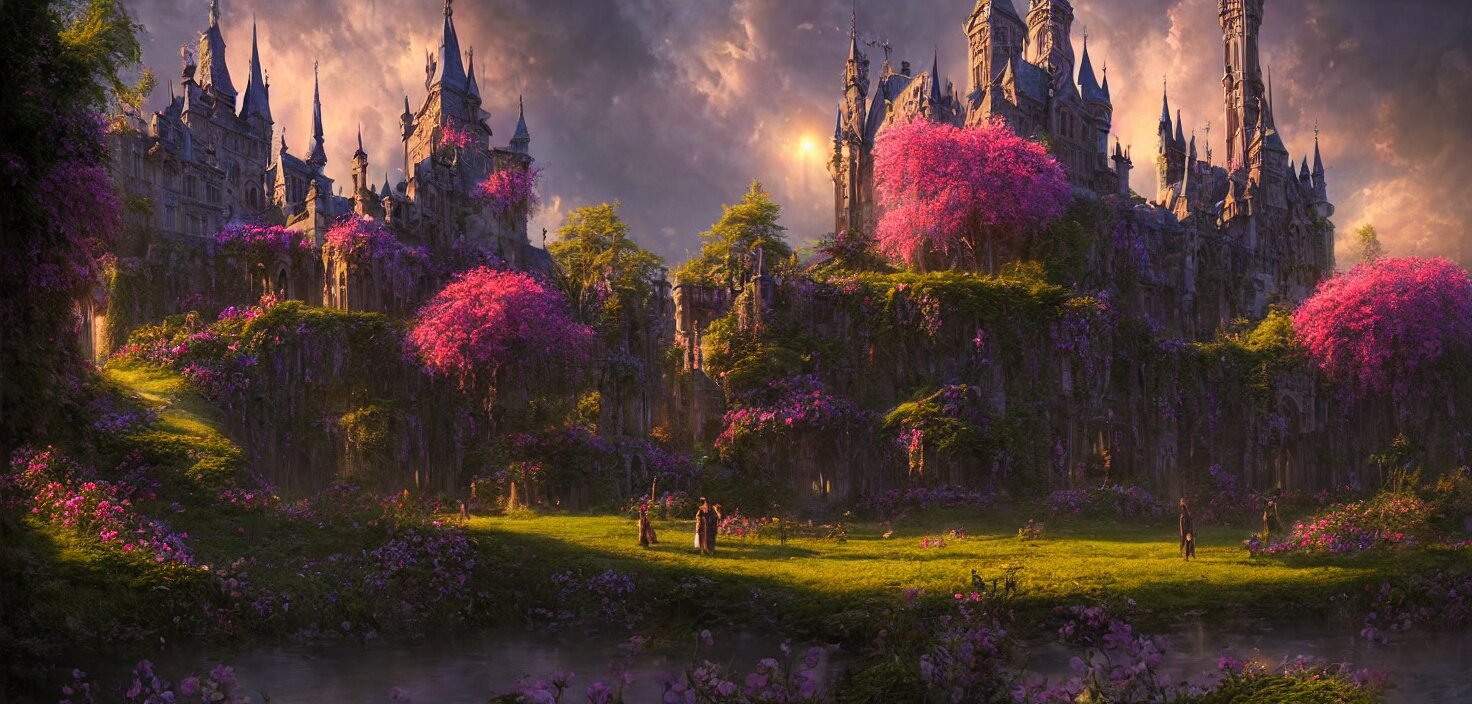 fabulous gothic castle surrounded by flowers, a castle by the river in the evening twilight, cinematic view, epic sky, detailed, concept art, low angle, high detail, warm lighting, volumetric, godrays, vivid, beautiful, trending on artstation, by jordan grimmer, huge scene, grass, art greg rutkowski 