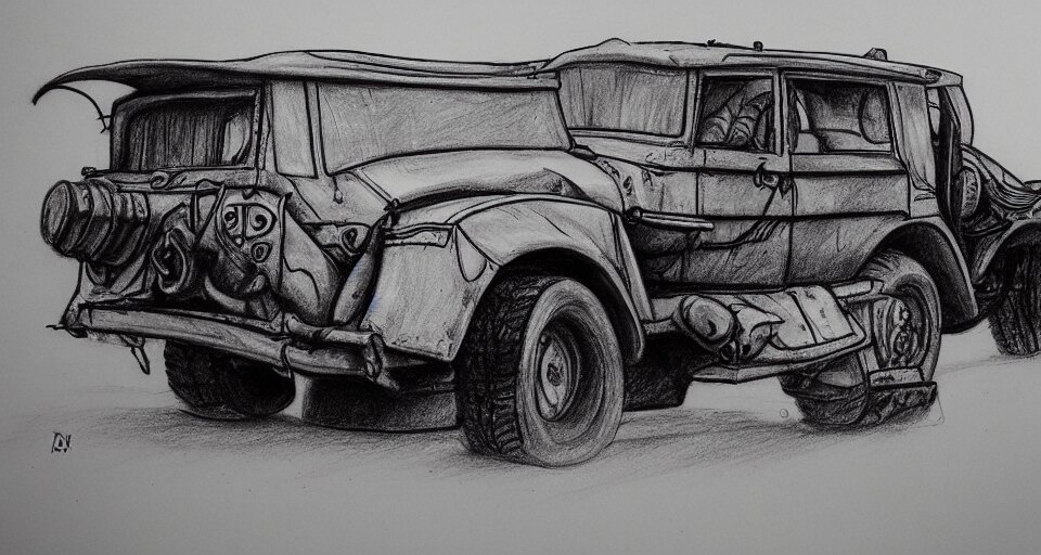 graphite drawing of a stylized cartoony fury road car 