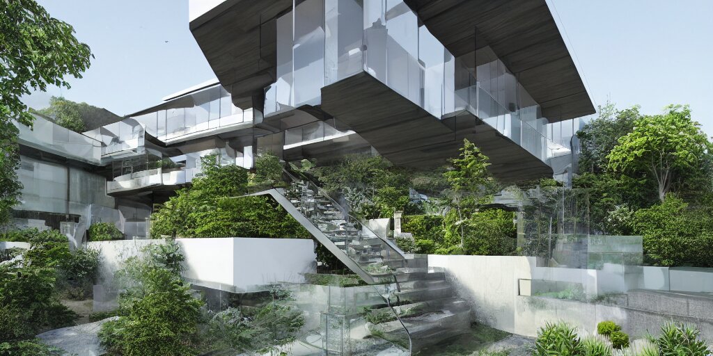 3d rendering  of beautiful nature meets architecture concept of a residential house by Kengo Kuma, volumetric lighting, luxury, high detail, 14mm,  glass railing, outdoor staircase, terraces, roof garden, cinematic photography, cg architects,  high resolution