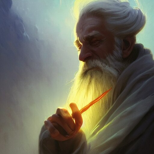 cinematic shot epic portrait an wizard with gray hair and long beard casting a spell with a magic wand, glowing, magic, broad light, ambient occlusion, volumetric light effect, made by ivan aivazovsky, peter mohrbacher, greg rutkowski, matte painting, trending on artstation, 4 k, perfectly defined features, digital painting, cinematic, epic, highly detailed, 