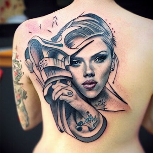 tattoo of Scarlett Johansson, sketched by Loish, back tattoo