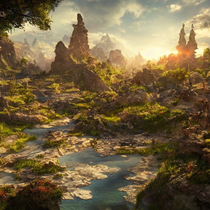 beautiful realistic landscape photo of fantasy mmo world, intricate detailed, innovation, bright modern style, artstation, unreal render, depth of field, ambient lighting, award winning, stunning