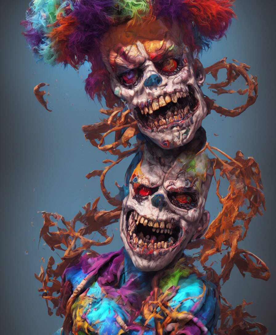 death clown, cinematic lighting, 8k, artstation, octane render, cinematic, hyper realism, 8k, concept art, illustration, vibrant colors