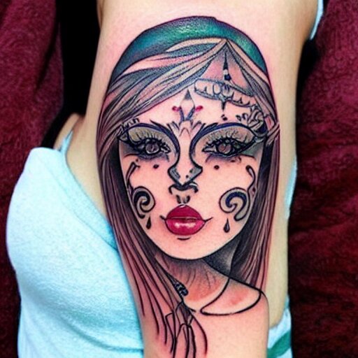 tattoo on female face, epic, colorful, beautiful, intricate detail