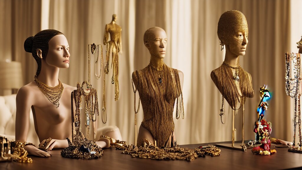 a woman made of jewelry stands in the living room, film still from the movie directed by Denis Villeneuve with art direction by Salvador Dalí, wide lens, 4K, realistic