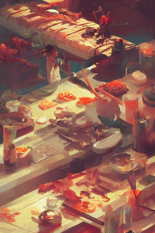 sushi, tooth wu, dan mumford, beeple, wlop, rossdraws, james jean, marc simonetti, artstation giuseppe dangelico pino and michael garmash and rob rey and greg manchess and huang guangjian and makoto shinkai 