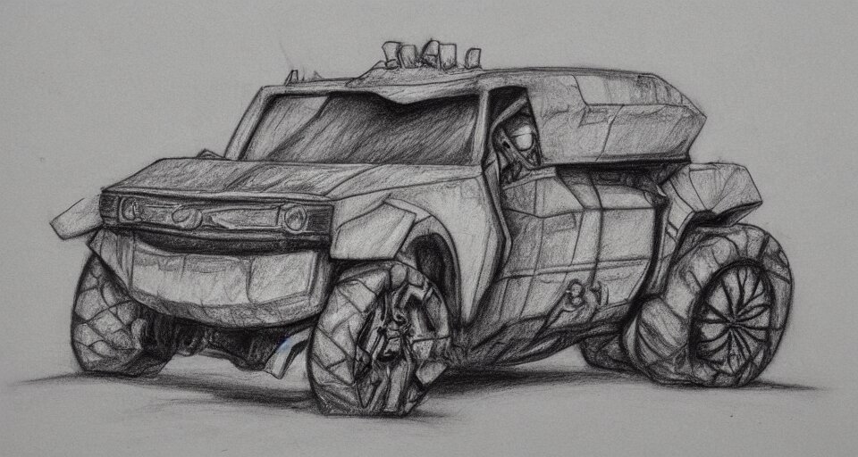 graphite drawing of a stylized cartoony fury road car 