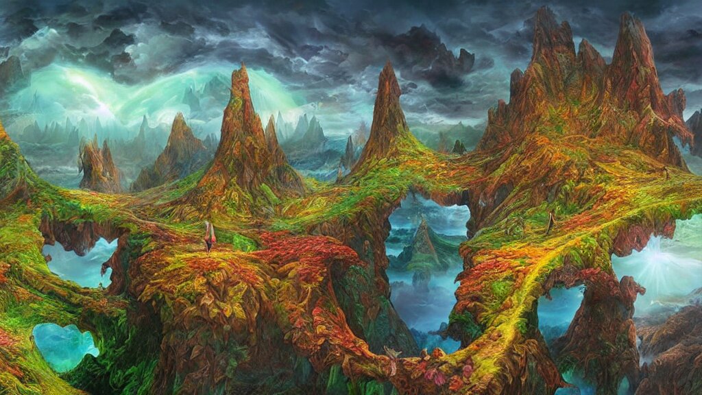 fantasy landscape with fractals in the styles of igor morski, jim warren, and m. c. escher, intricate, colorful, hyperrealistic, volumetric lighting 