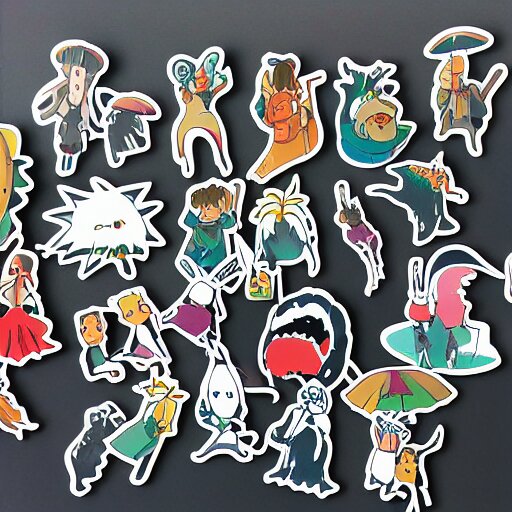 die cut sticker, ghibli characters, splatter paint 