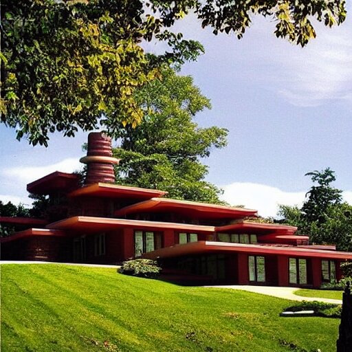 “ an idyllic hill with many small frank lloyd wright houses with cute stylized smoke rising from their chimneys ” 