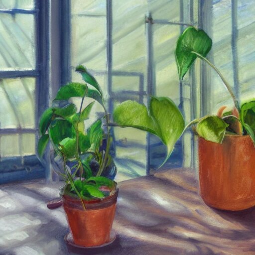 dittany in a pot, on wooden table in the ray of sunshine in greenhouse, oil painting, sharp focus, high detailed, calm, warm lighting, sparkles, digital art, concept art, by Rutkowsky,