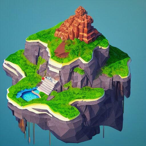 a floating island on an ocean isometric art, low poly art, game art, artstation, 3D render, cgsociety, octane render