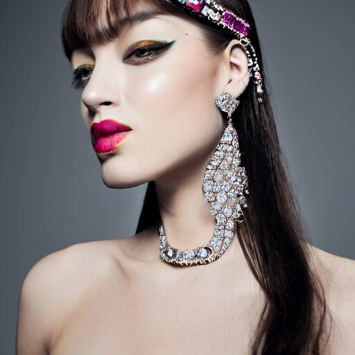 fashion photo, haute couture female model wearing bejeweled scissor earrings:5, bejeweled scissor chest plate:5, bejeweled scissor bracelets:5, hyper realistic, detailed, dramaticly beautiful, 8k, Octane