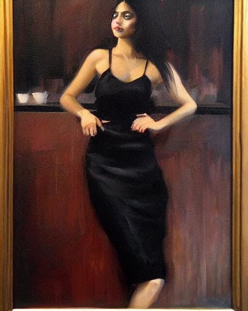 beautiful portrait painting an gorgeous delhi girl wearing a little black dress at a bar, oil painting, art by ruan jia 