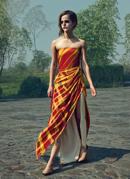 emma watson wearing assamese silk bihu mekhela strapless costume expertly draped maxi style dress by madeleine vionnet, assamese gamosa pattern, face by daz 3 d genesis and artgerm concept art 3 d octane render cinema 4 d v ray, unreal engine, hyper realistic hdr fabric textures, ray traced, bright lit cinematic studio fashion photography, real life like, daz iray shaders 