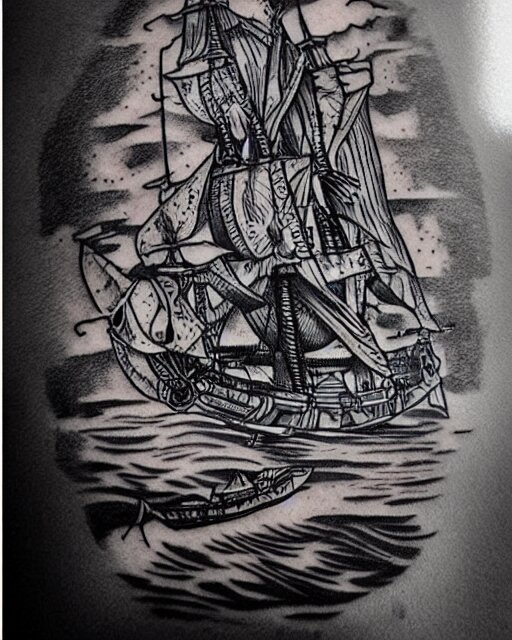 A tattoo design on paper of a pirate ship, on paper, black and white, highly detailed tattoo, realistic tattoo, by nik lucas