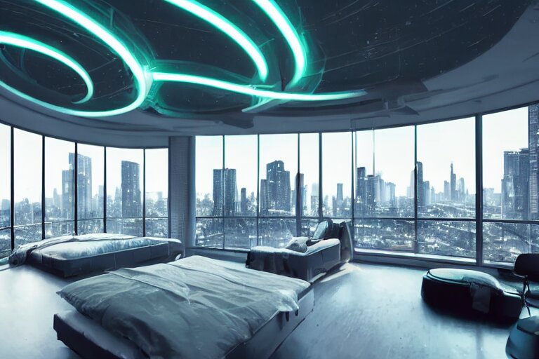 a futuristic sparse bedroom with large curved ceiling high windows looking out to a far future cyberpunk cityscape, flying drones outside, night time, cyberpunk neon lights, raining