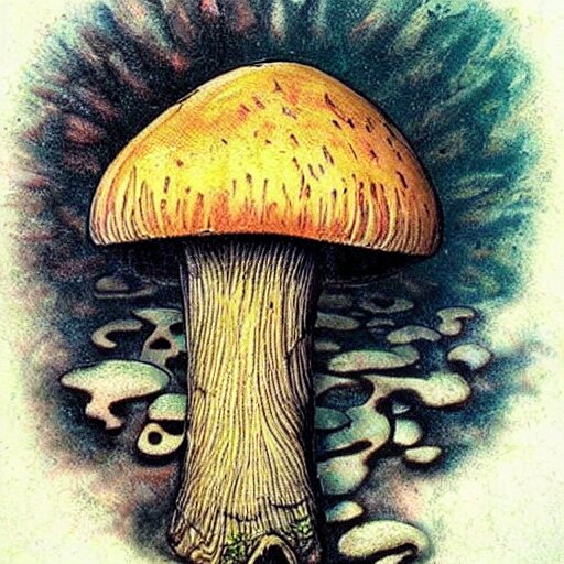 mushroom in decay, tattoo art, japanese, color restoration, vortex, highly detailed, 