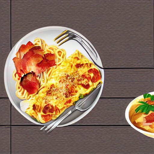 a bowl of spaghetti an omlette and a slice of bacon sitting on a bench, trending on artstation, vector 