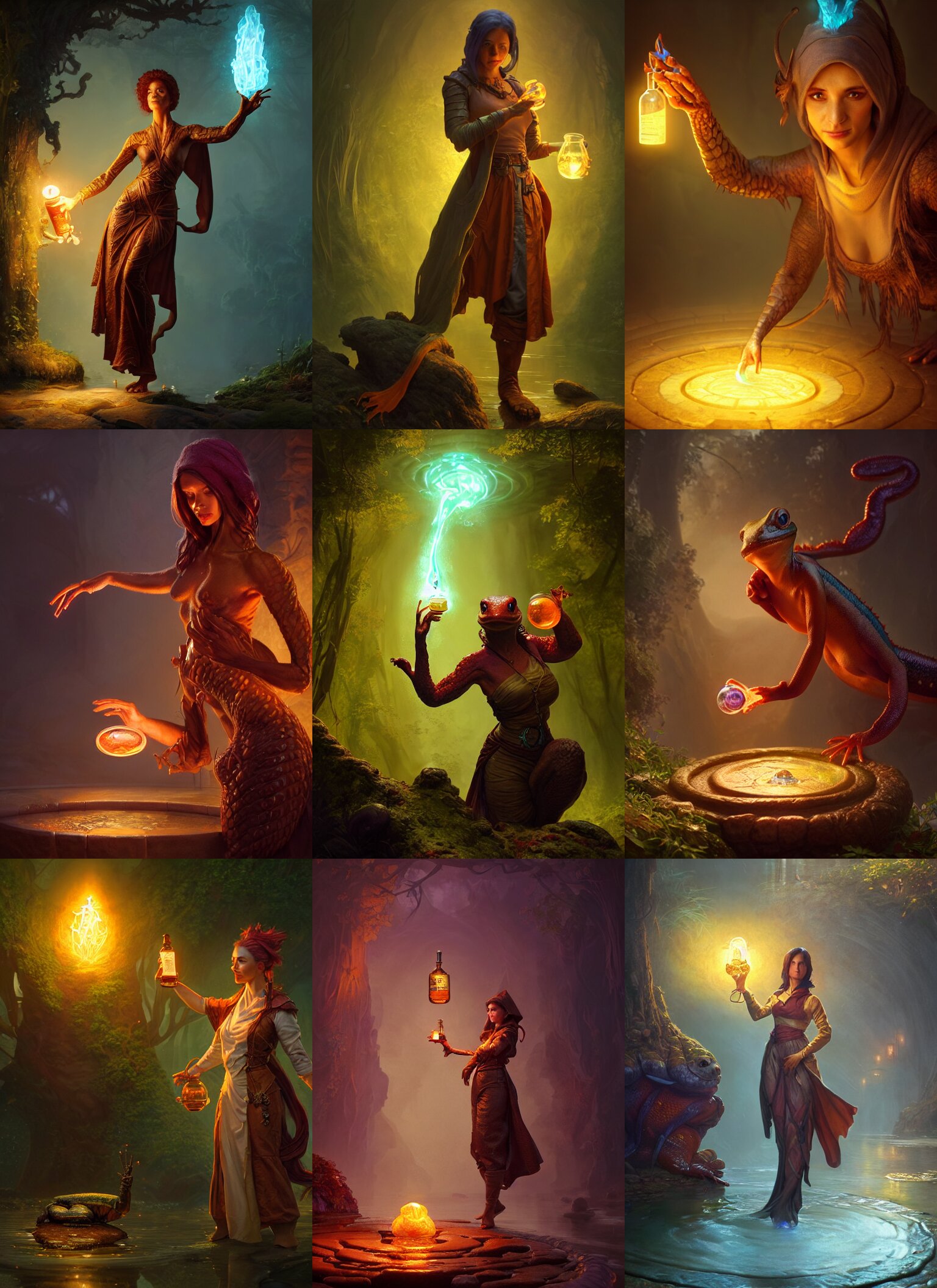 Anthropomorphic female salamander healer with a glowing potion in her hand, DnD character, unreal engine, octane render, dramatic lighting, pond, digital art,  by Stanley Artgerm Lau, greg rutkowski, thomas kindkade, alphonse mucha, loish, norman Rockwell 