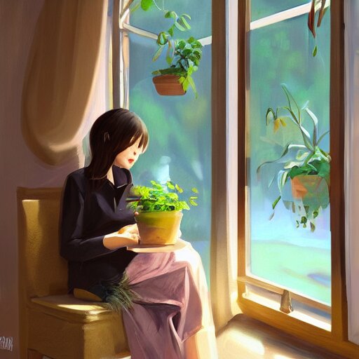 a cozy cute cafe with a window and plants, a young pretty filipino woman sits with an espresso, golden morning light, dramatic light, happy cozy feelings, oil painting trending on artstation 