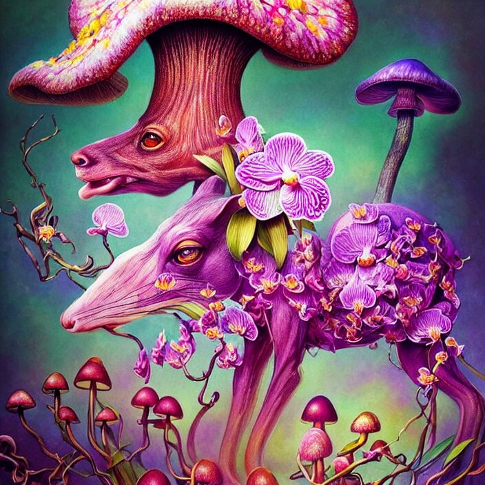 extremely psychedelic animal made of orchid and cherry blossom tree and mushroom, LSD, diffuse lighting, fantasy, intricate, elegant, highly detailed, lifelike, photorealistic, digital painting, artstation, illustration, concept art, smooth, sharp focus, art by John Collier and Albert Aublet and Krenz Cushart and Artem Demura and Alphonse Mucha